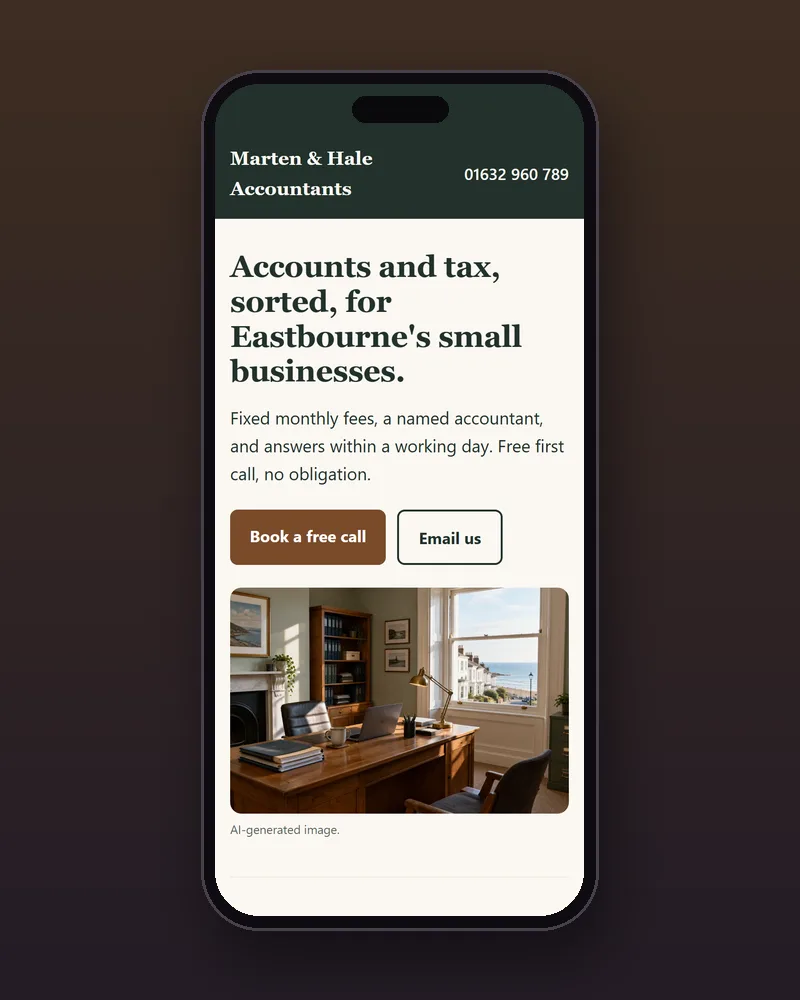Phone view of the Marten & Hale Accountants example site