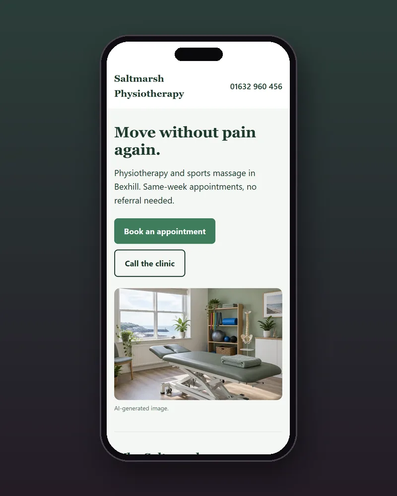 Phone view of the Saltmarsh Physiotherapy example site