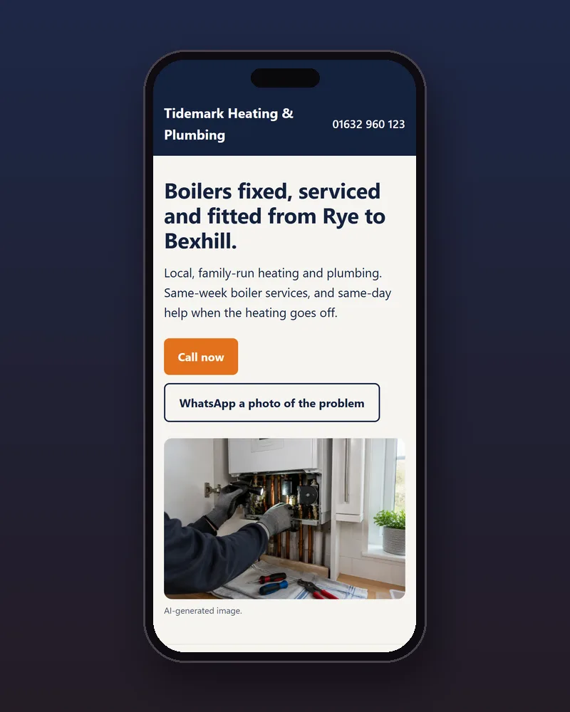 Phone view of the Tidemark Heating & Plumbing example site