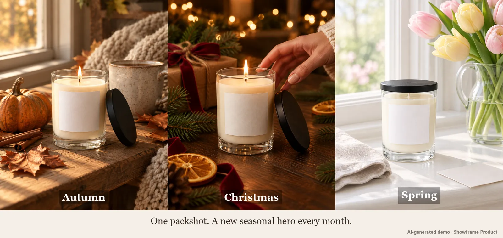 The same candle jar styled in autumn, Christmas and spring scenes
