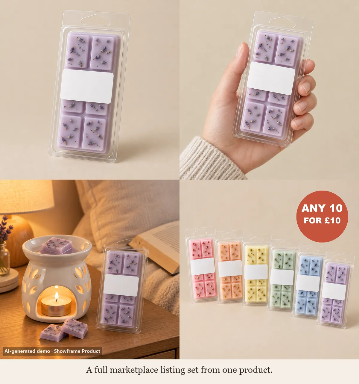 A set of listing images for snap-bar wax melts with an any 10 for £10 offer