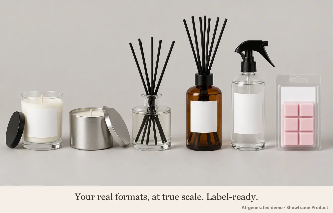 Six standard candle and diffuser formats shown side by side at true scale