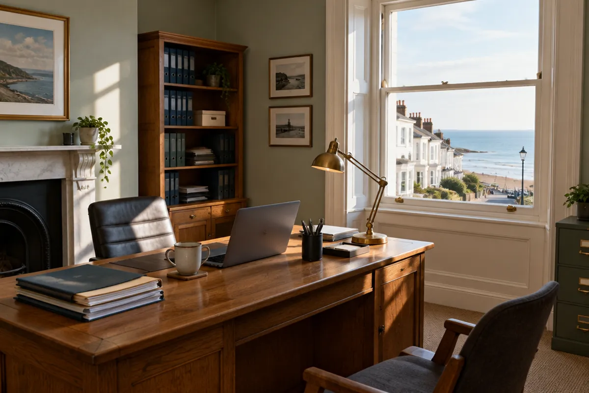 An office desk with a laptop and files by a sash window overlooking the sea