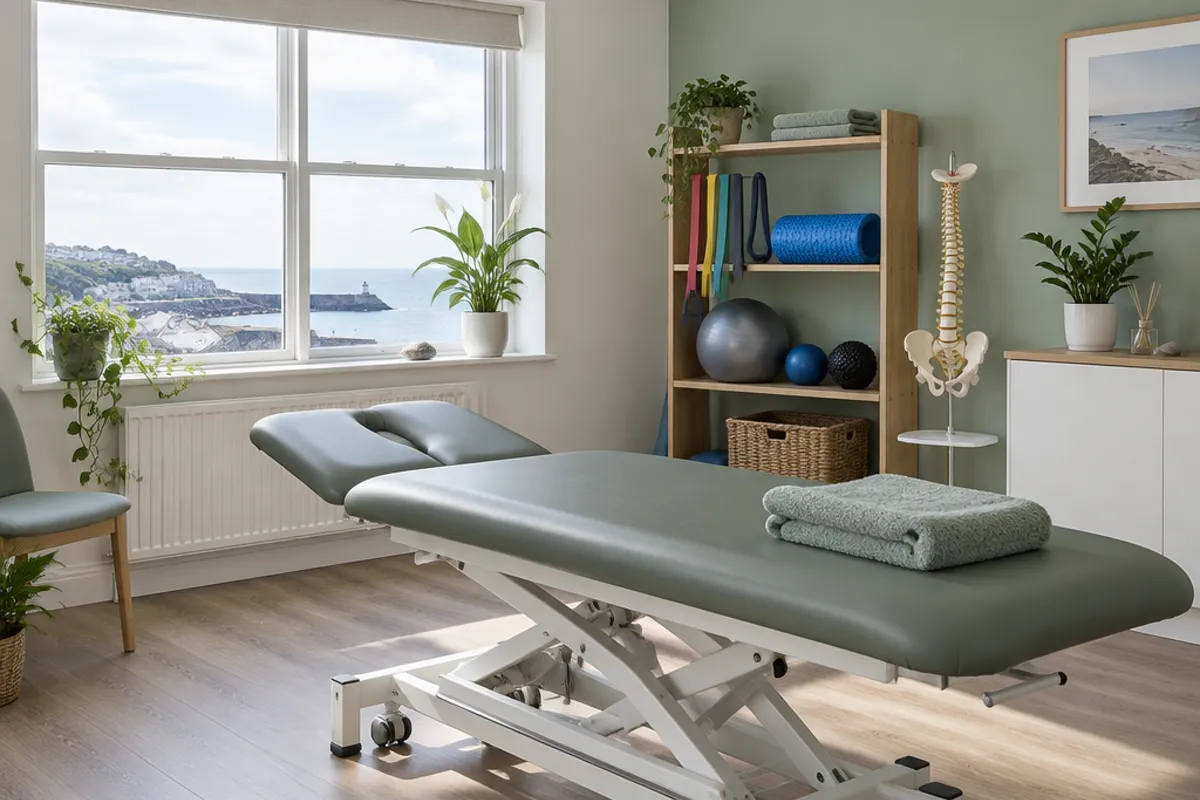 A bright treatment room with a couch, foam roller and resistance bands