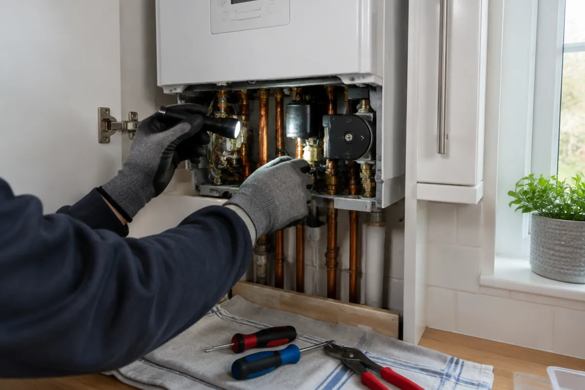 An engineer's gloved hands servicing a white combi boiler
